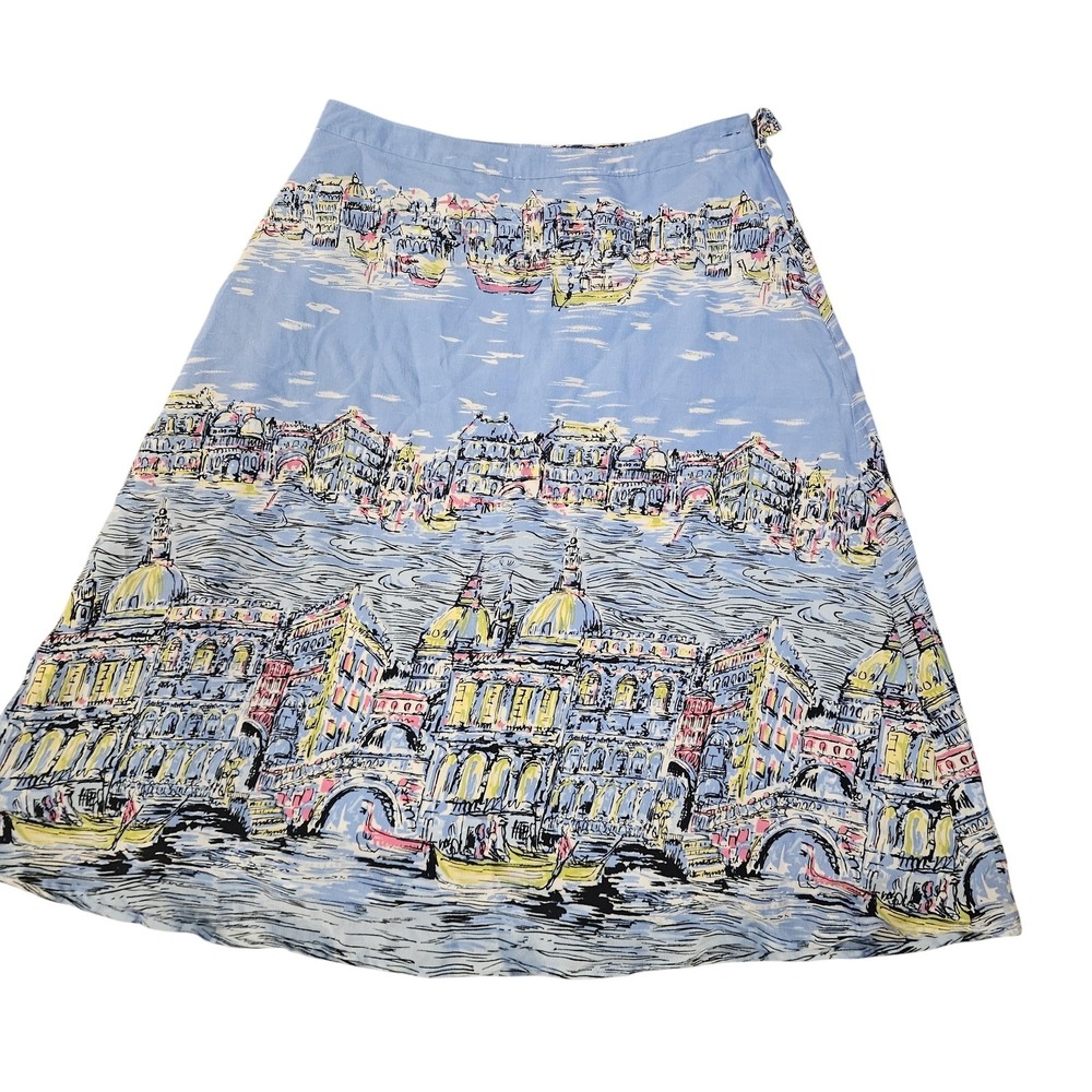 SilkLand Blue Scenic Print Midi Skirt